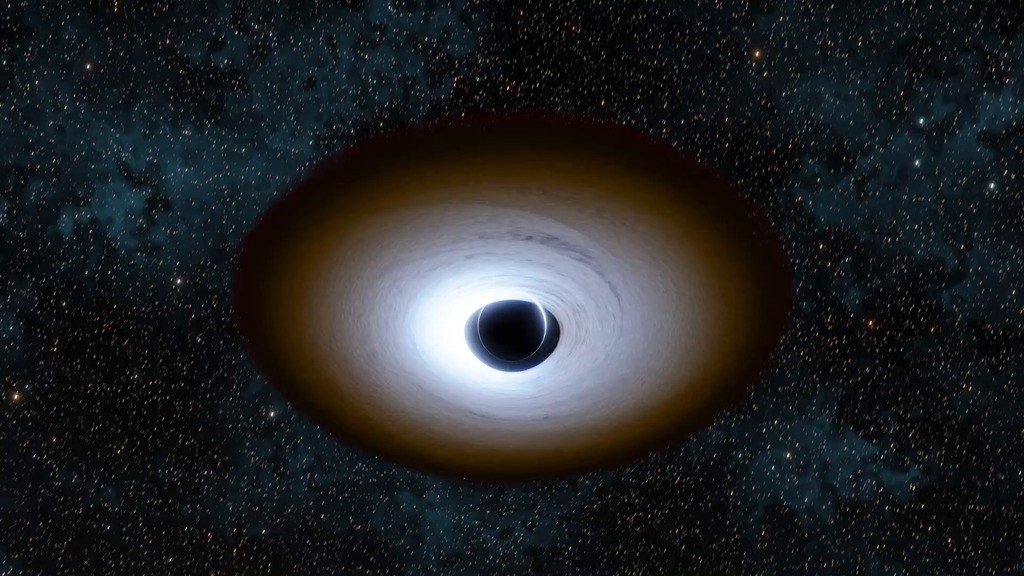 Scientific visualization of a dark black-hole shadow surrounded by a bright accretion disk and a distorted star field
