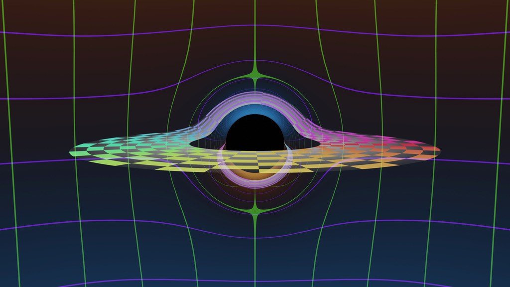 A colored coordinate grid distorted around a black hole, illustrating gravitational lensing