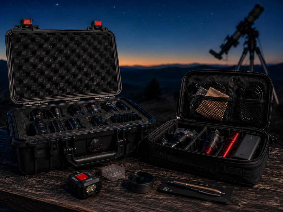 A hard eyepiece case and a padded field kit bag packed with astronomy gear