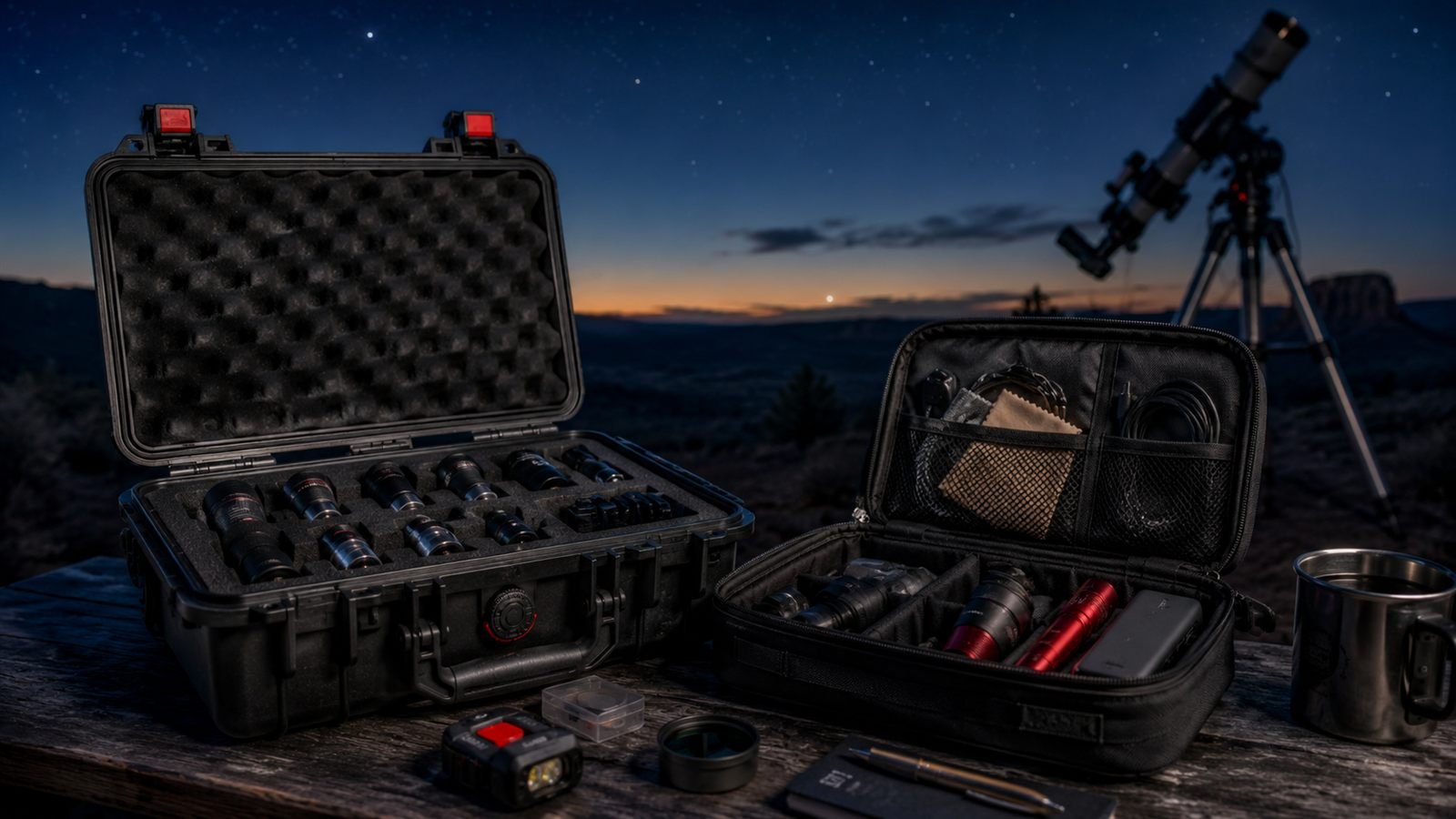 A hard telescope eyepiece case and a padded field kit bag, both open and packed with astronomy gear, on a table under a starry night sky next to a telescope on a tripod