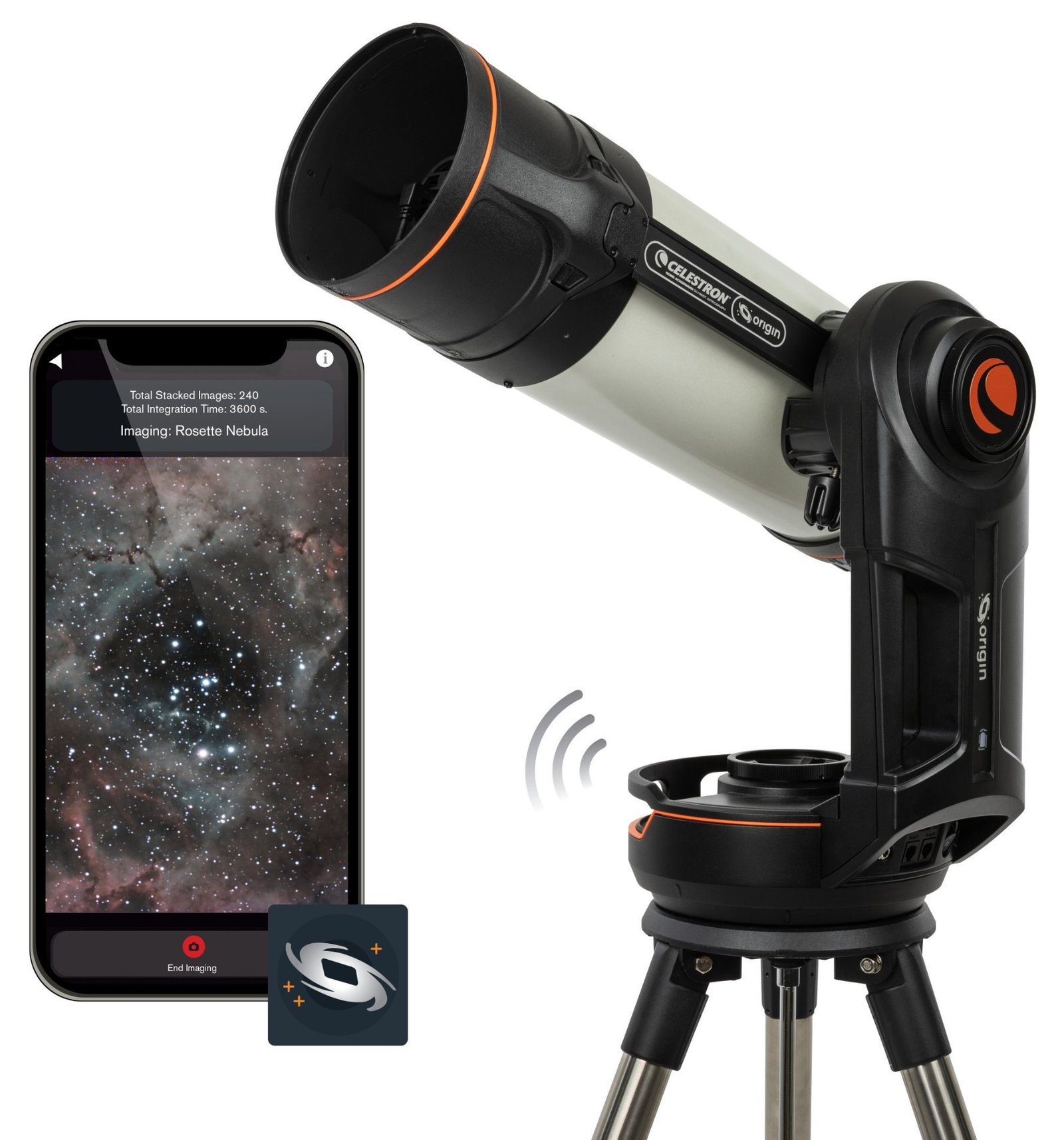 The Celestron Origin app displaying a live stacked image of the Rosette Nebula