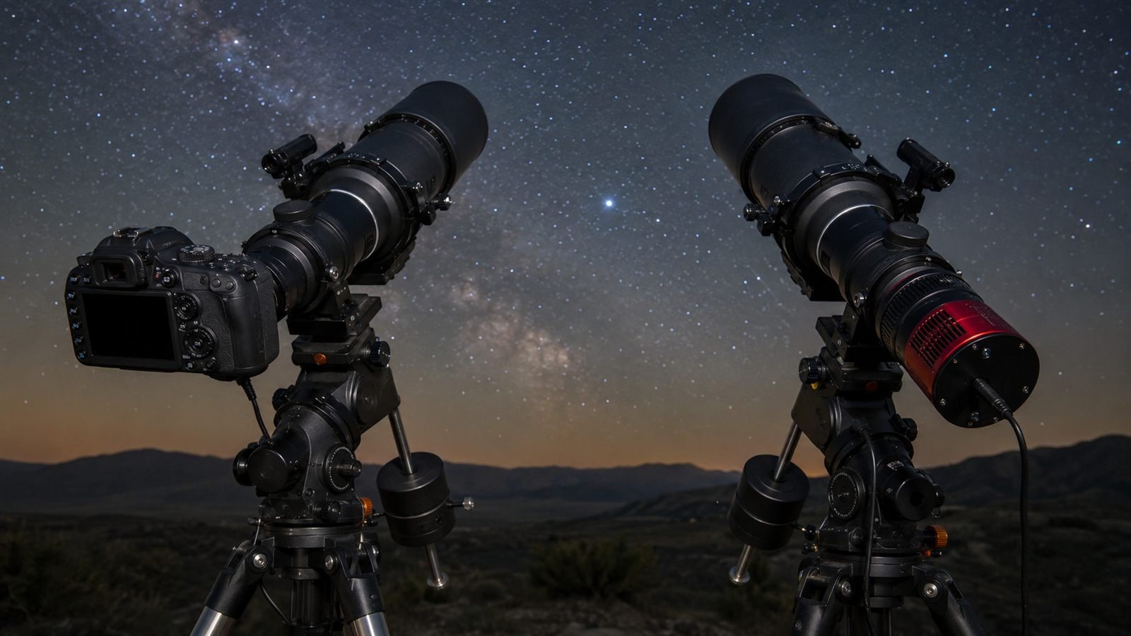 A DSLR camera and a dedicated cooled astro camera mounted side by side on tracking mounts under the Milky Way