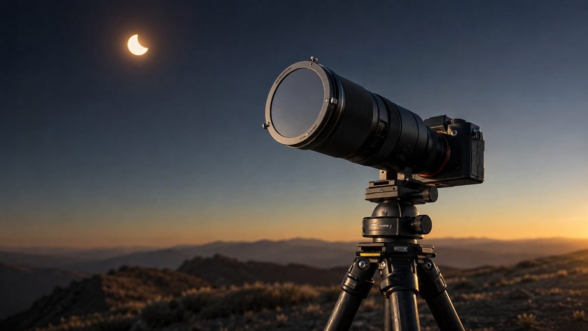 A camera with a telephoto lens and front-mounted solar filter on a tripod, photographing a partially eclipsed Sun