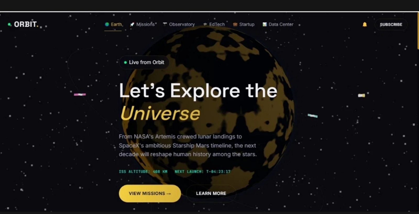 ORBIT Space System Pro homepage with a 3D Earth hero section