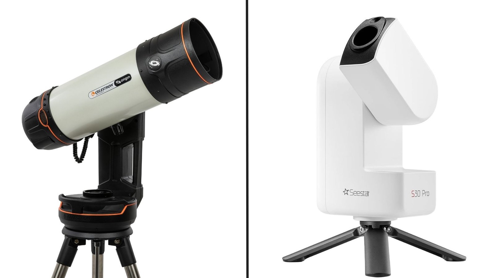 The Celestron Origin Mark II (left) and ZWO Seestar S30 Pro (right), the two smart telescopes compared in this guide