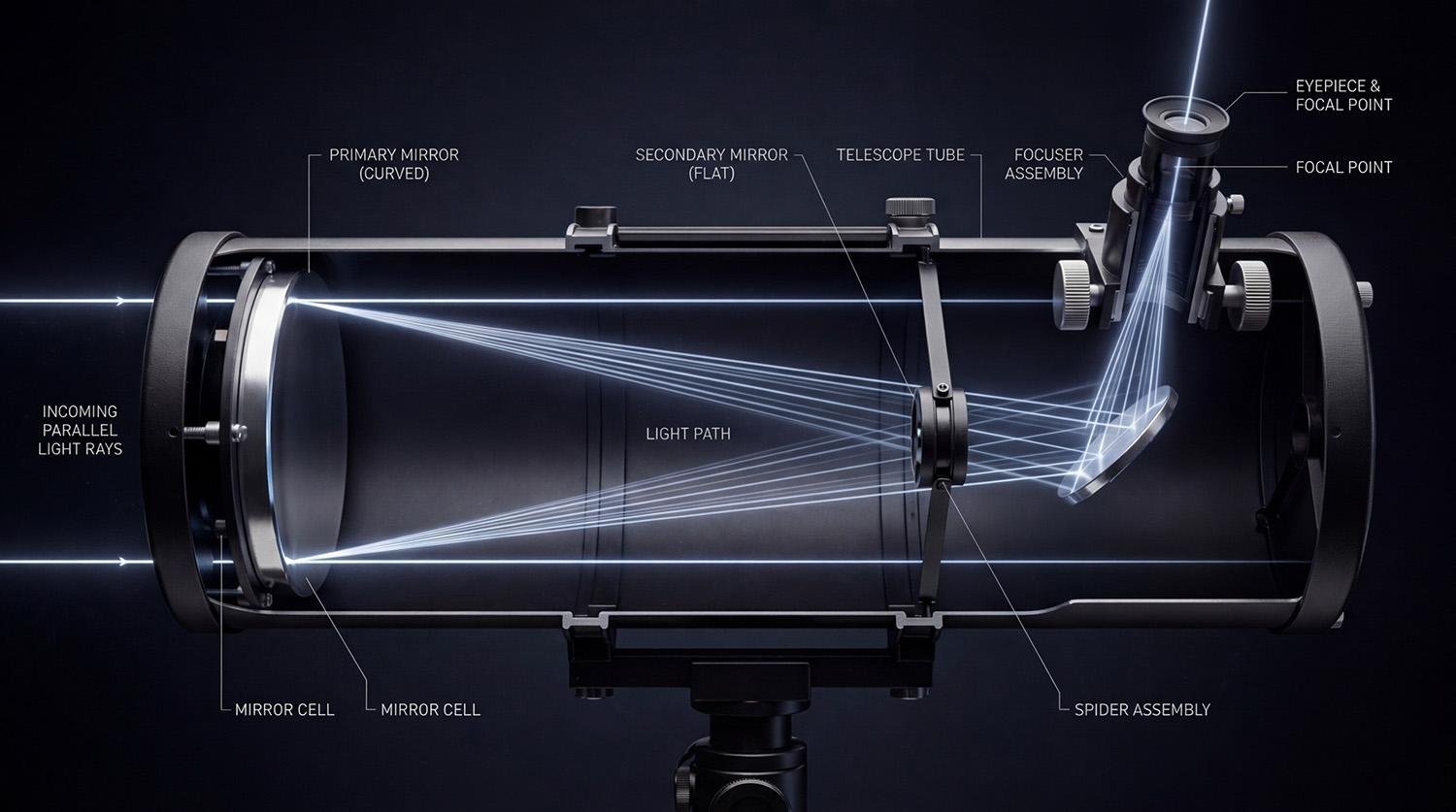 Diagram of a Newtonian reflector telescope showing the light path from the primary mirror to the eyepiece