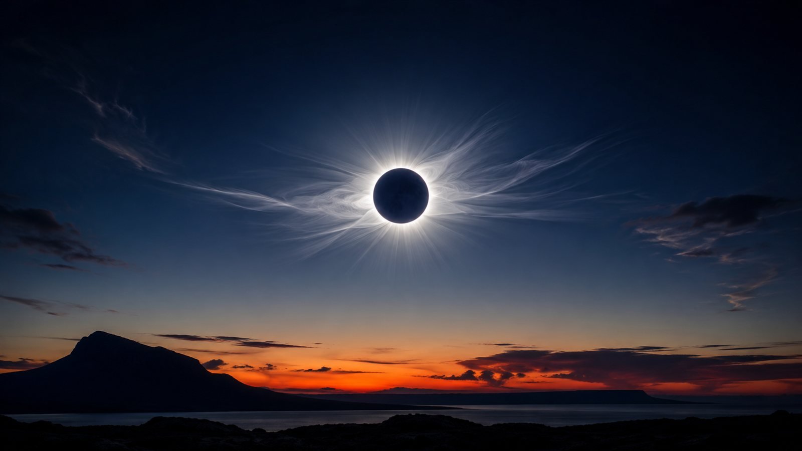Total solar eclipse corona above a silhouetted mountain and sea coastline at dusk
