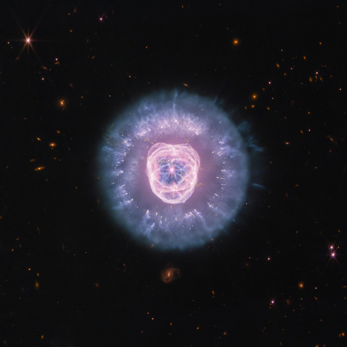 NGC 2392, the Lion Nebula, imaged by NASA's James Webb Space Telescope combining NIRCam and MIRI infrared data